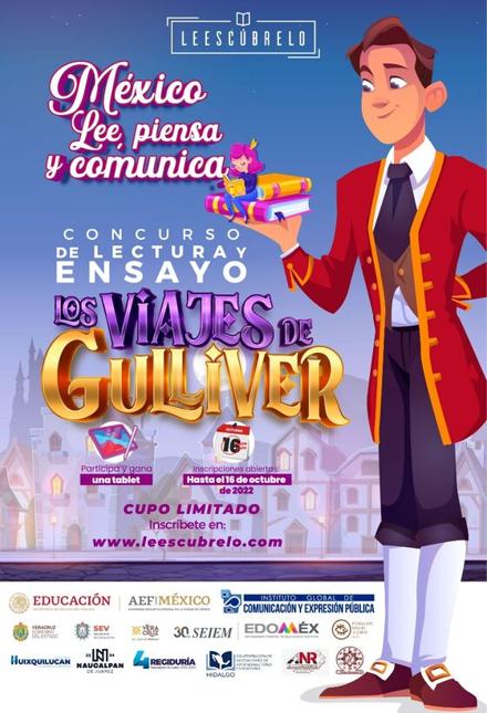 Cartel 2022 de México: Lee, Piensa y Comunica, con Los Viajes de Gulliver